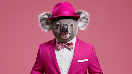 Koala dressed in pink suit and hat poses playfully against a bright pink backdrop during a lively event Generative AI
