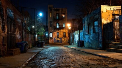 An alley at night, in Brooklyn, New York., no logos, no brands