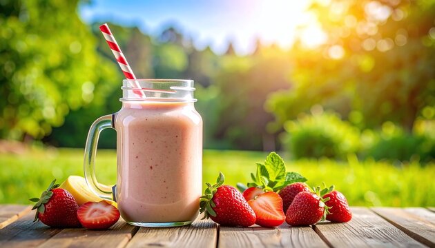 Fresh strawberry smoothie in a mason jar, outdoors on a sunny day. - Powered by Adobe