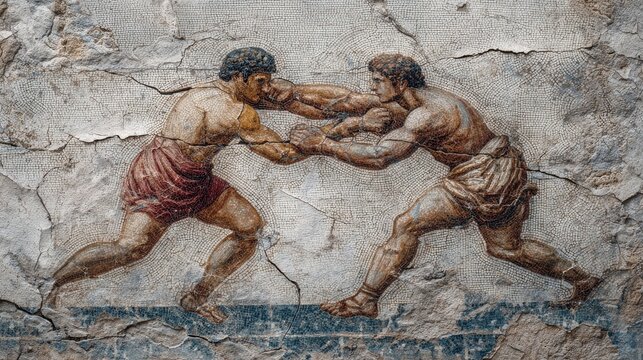 Ancient Greek or Roman fighters, antique scene with two men fighting in old cracked wall fresco, vintage painting. Theme of art, Greece, Rome, sport, competition, wrestling - Powered by Adobe