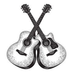 Naklejka premium Crossed Acoustic Guitars Musical Vector Engraving Illustration