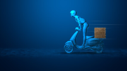 Delivery Girl Riding High-Speed Smart Scooter with Digital Parcel, E-Commerce and Logistics in a Cyber World