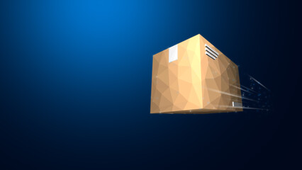 Dynamic depiction of a fast-moving delivery package against a blue background, symbolizing speed and efficiency in logistics.