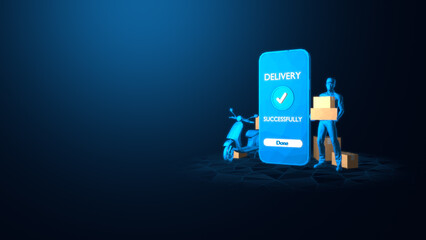 Modern delivery service concept with smartphone interface showing successful transaction and delivery personnel with packages.