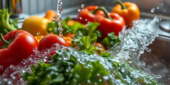 Fresh produce overflows a kitchen sink, water droplets glisten, produce, splash - Powered by Adobe