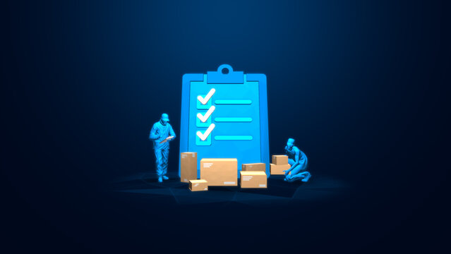 Two people reviewing a checklist with box packages, representing efficient inventory management in a modern workspace.