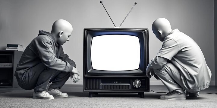 Four figures huddle around an old black and white TV,   home life,  television screen - Powered by Adobe