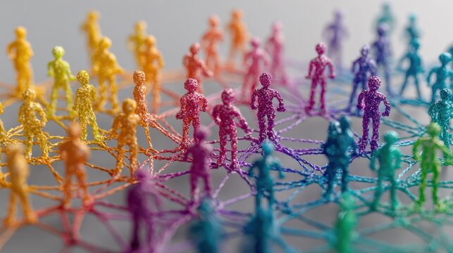 Healthcare rehabilitation global concept. Colorful network of figurines representing social connections and relationships, illustrating digital interaction and community engagement.