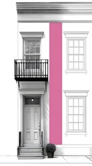 An architectural building illustration shows a harmonious facade alignment featu and a door, accentuated by a vertical pink stripe for design emphasis.