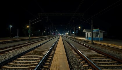 Obraz premium Empty train tracks at Ronda station at night, illuminated by dim lights, calm, ballast