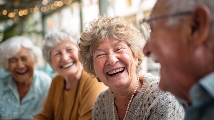 Group of happy older people laughing together on a coffee meeting at nursing home, no logos, no brands