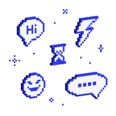 Set of 3d symbols y2k futuristic design. Isometric 8 bit blue elements. 3d pixel signs in retro style. Volumetric geometric shapes. Text bubble, emoji, lightning, hourglass.