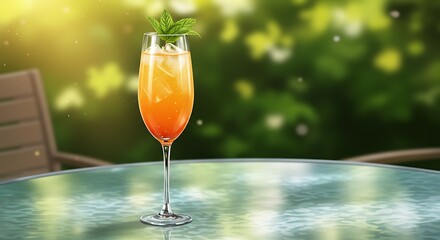 Refreshing Orange Cocktail with Ice and Mint on Round Glass Table Outdoors