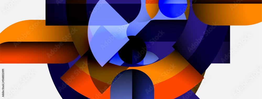 Poster abstract geometric composition. blue, orange hues dominate. shapes overlap, creating dynamic visual 