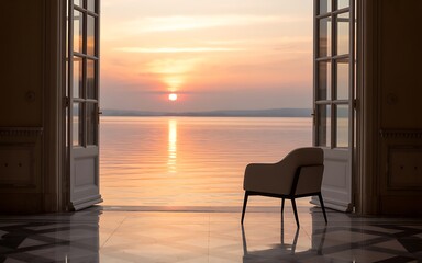 Open doors reveal serene sunset over calm water with armchair