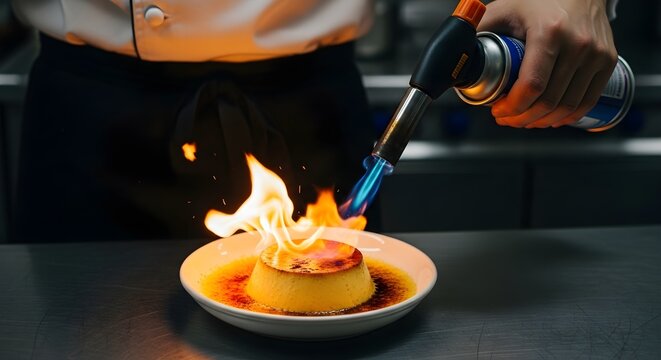 Chef torching creme caramel dessert with intense flames in a restaurant kitchen