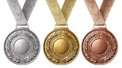Olympic gold, silver and bronze award medals, winner honor prize vector set, no logos, no brands