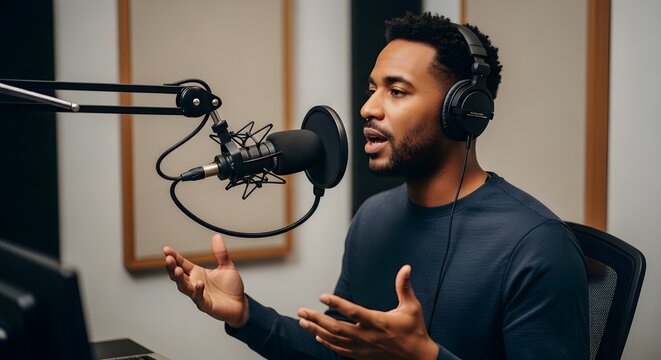 Focused African American Man Recording Podcast with Professional Microphone and Headphones
