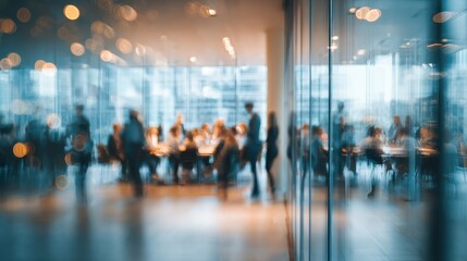Out of focus businesspeople gathered in a modern conference room, glass walls, urban office backdrop, motion blur Business concept, motion bokeh background