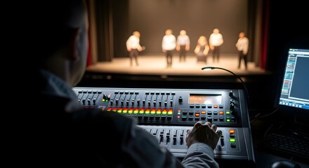 Stagehand Controls Audio Mixer During Blurred Theatrical Performance