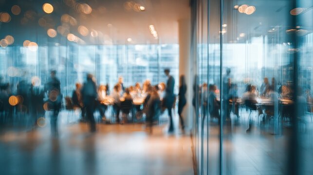 Out of focus businesspeople gathered in a modern conference room, glass walls, urban office backdrop, motion blur Business concept, motion bokeh background