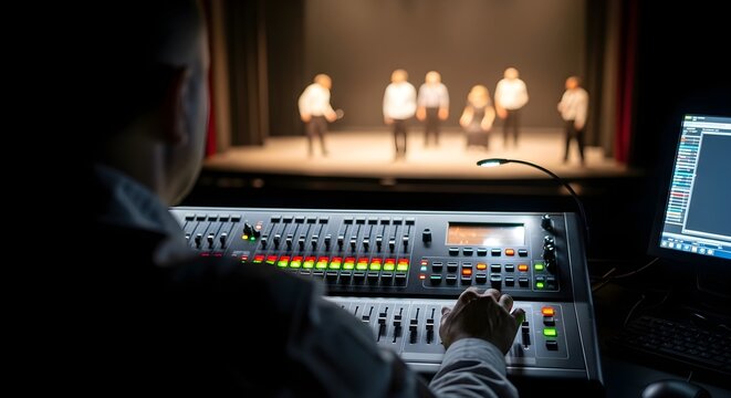 Stagehand Controls Audio Mixer During Blurred Theatrical Performance