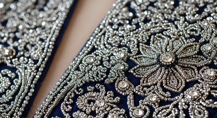 Intricate Silver Beaded Floral Embellishment on Deep Blue Fabric, Close-Up Detail