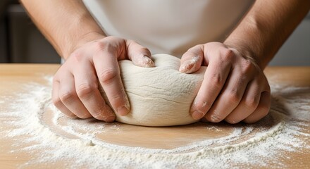 Hands Kneading Dough on Wooden Surface