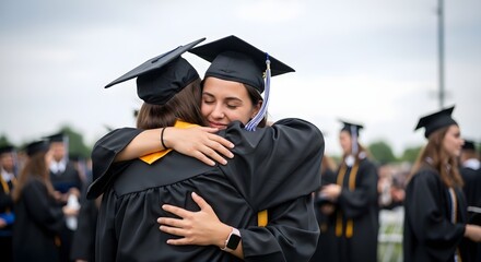 Graduates Embrace in Joyful Post-Ceremony Hug