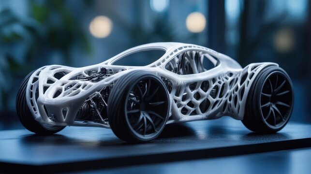 A futuristic concept of 3D-printed engine parts being integrated into a car.
