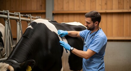 Veterinarian Examining Cow with Medical Instrument in Barn Setting, Close-Up View
