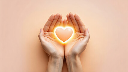 Hands holding a glowing heart on a soft background.