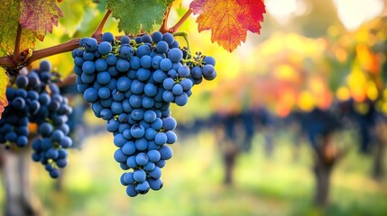 Blue grapes cluster on vine, autumn leaves