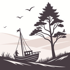 Vintage Rowboat and Tree Silhouette Vector Illustration


