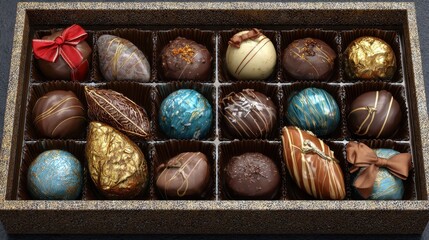 Obraz premium Chocolates and chocolate pralines in a gift box as a luxury holiday present, generative ai
