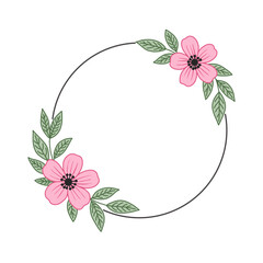 Delicate pink floral wreath with leaves and a thin black circle frame on white