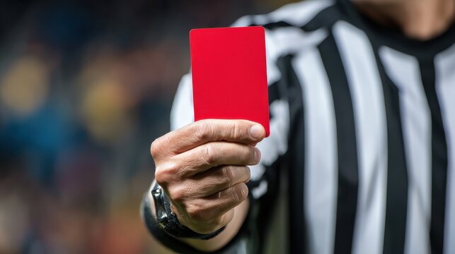 sport, caution, game and football concept - indian referee whistling and showing red penalty card, no logos, no brands