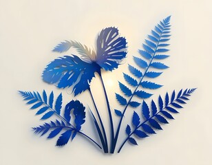 Serene Blue Botanical Art: Paper Cut Tropical Leaves and Ferns