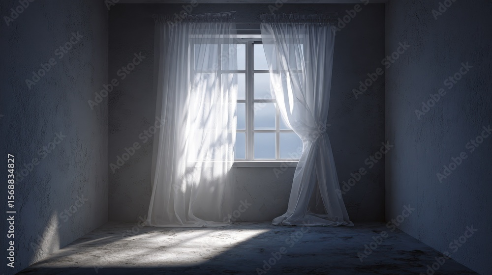 Poster an empty room with a window illuminated from behind and adorned with white curtains.