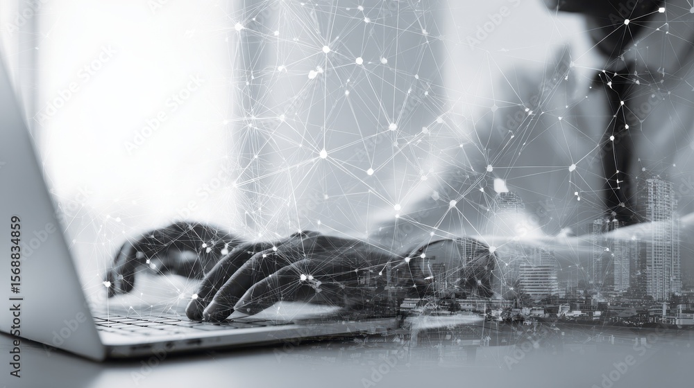 Poster double exposure of businessman working with new modern computer show social network structure as con