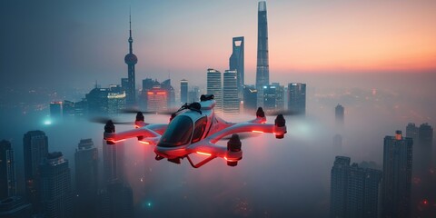 drone, electric vertical (eVTOL) concept. Futuristic drone flying over a city skyline at sunset.