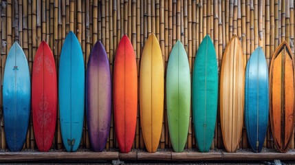 Colorful Surfboards Aligned Against a Bamboo Wall