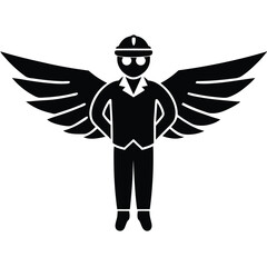 Stylized black silhouette of a person with wings wearing a hard hat and glasses