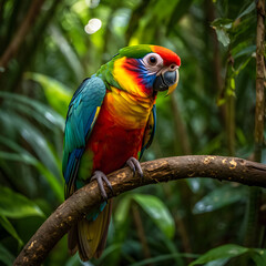 Fototapeta premium Here are three colorful macaws, including blue and yellow and red and yellow variations, perched on a branch in their natural, exotic, tropical habitat