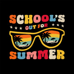 SCHOOL'S OUT FOR SUMMER  VINTAGE RETRO STYLE SUMMER SUNSET NATURE VECTOR SUMMER  T-SHIRT DESIGN.