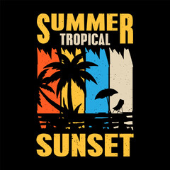 SUMMER TROPICAL SUNSET  VINTAGE RETRO STYLE SUMMER SUNSET NATURE VECTOR SUMMER  T-SHIRT DESIGN.