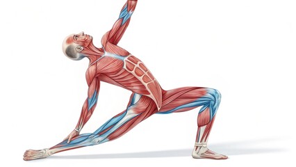 Anatomical Yoga Pose: A detailed anatomical illustration of a person performing a yoga pose, highlighting the intricate network of muscles and bones involved in the movement.