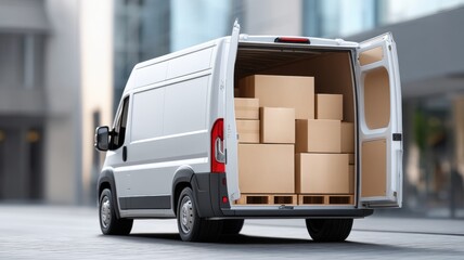 Moving Truck with Packed Boxes. Delivery van loaded with boxes in urban setting.