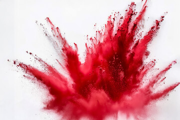 leuchtend rotes Holi Farbpulver eine Festival Explosion mit weißem Hintergrund