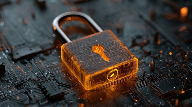 Cybersecurity Lock: A digital padlock, intricately detailed and glowing amber, rests on a complex circuit board, symbolizing the robust protection of data in the digital age.